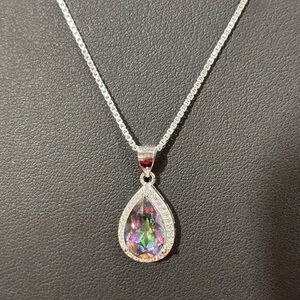 Sterling Silver Necklace with Mystique Topaz Teardrop Pendant. NWOT